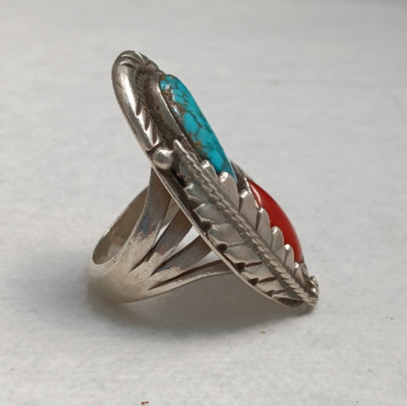 Native American Turquoise Red Coral Statement Sterling Silver Ring - Picture 5 of 7